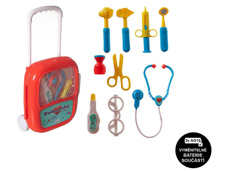 Sada doktor se stetoskopem v kufříku na kolečkách 